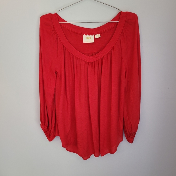 Maeve by Anthropologie | Red 3/4 Sleeve V-Neck Bosewell Blouse - Picture 2 of 5